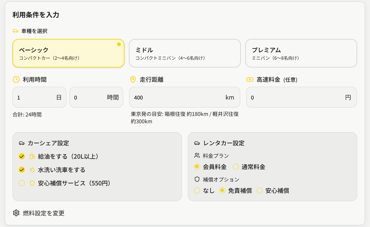 利用条件の入力画面 入力画面